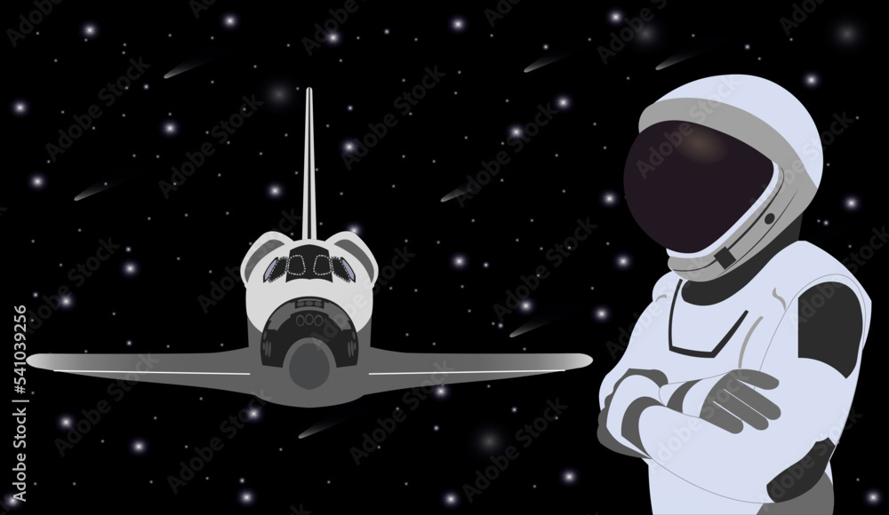 Wall mural space astronaut in new space suit in a front of space shuttle. vector illustration. elements of this