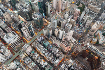 Aerial view of Hong Kong city in the evening