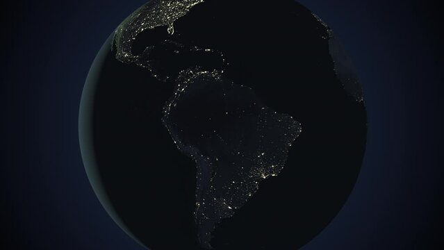Seamless looping animation of the earth at night zooming in to the 3d map of Peru with the capital and the biggest cites in 4K resolution