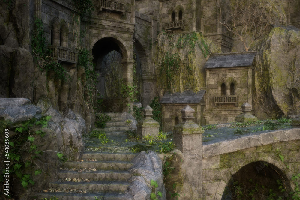 Poster beautiful mystical medieval fantasy castle in a mountain gorge with stone steps and bridge. photo re