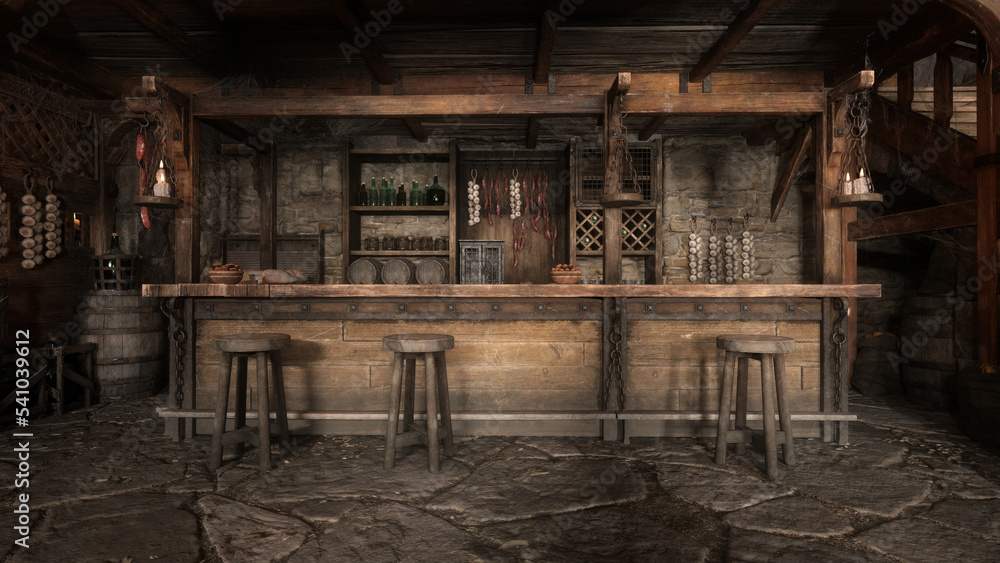 Poster medieval tavern bar with wooden stools on a stone floor, lit by daylight and hanging candles. 3d ren