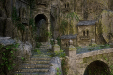 Fototapeta na wymiar Beautiful mystical medieval fantasy castle in a mountain gorge with stone steps and bridge. Photo realistic 3D rendering.