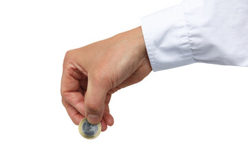 Gesture series: hand holding a euro coin.