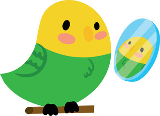 Vector illustration of cute parrot. Design element. Parrot looks at reflection in mirror. Image isolated on white background