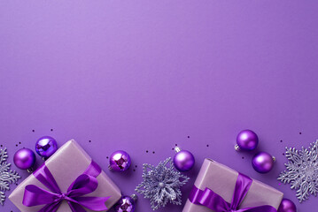 Christmas Eve concept. Top view photo of lilac gift boxes with ribbon bows flower ornaments violet...