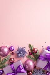 Christmas Day concept. Top vertical view photo of violet gift boxes pink purple baubles flower...