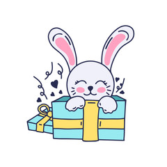 Gift. Drawing of a cute rabbit sitting in a gift box.