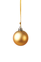 golden christmas ball hanging in front of a white background with space for copy