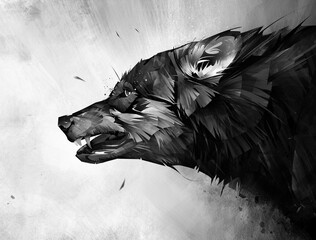 drawing of an animal from the side. portrait of a bared wolf