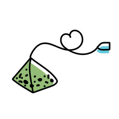 Vector green tea bag flat isolated illustration. Cartoon herbal tea bag. Healthy beverage, lifestyle concept. Pyramid shaped tea bag with blank, white label tag and green tea leaves inside.