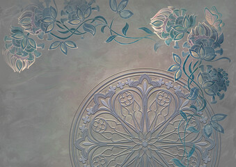 Beautiful background decoration. Modern art mural wallpaper. Surrealistic illustration of fantasy gothic rose ornament, loft style. Design for interior, photo wallpaper, greeting card, poster. © nataljacernecka