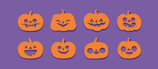 Halloween carved pumpkins. Jack O lantern flat icons.