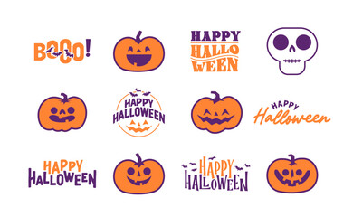 Set of Halloween icons. Vector illustration. Carved pumpkins, skulls and bats. Trick or treat spooky design.