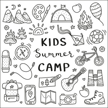 Poster with kids camp, outdoor icons and lettering