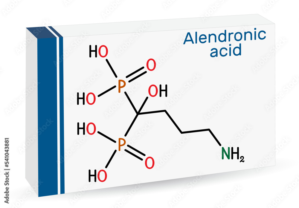 Sticker Alendronic acid molecule. It is bisphosphonate drug, used for treatment of osteoporosis. Skeletal chemical formula. Paper packaging for drugs.