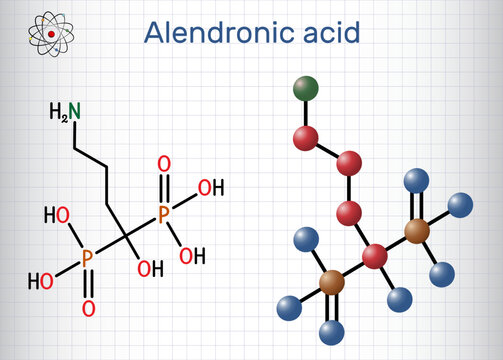 Alendronic acid molecule. It is bisphosphonate drug, used for treatment of osteoporosis. Structural chemical formula, molecule model. Sheet of paper in a cage