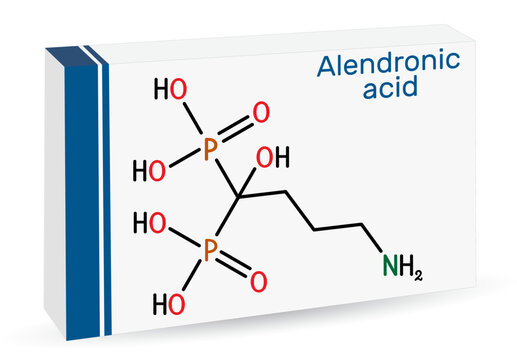Alendronic acid molecule. It is bisphosphonate drug, used for treatment of osteoporosis. Skeletal chemical formula. Paper packaging for drugs.