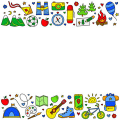 Obraz premium Poster with children camp, outdoor doodle icons.