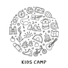 Doodle kids camp and outdoor icons in circle.