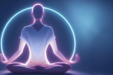 Digital illustration of a person in a meditative yoga pose surrounded by a luminous neon halo, symbolizing inner peace and mindfulness.. generative ai  