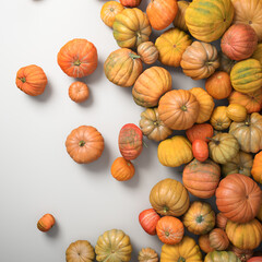 Autumn composition of orange pumpkins on white table background.