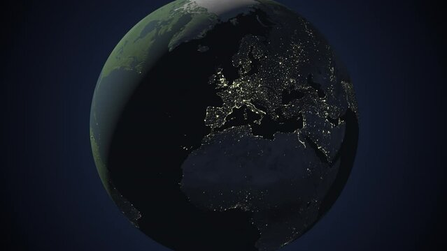 Seamless looping animation of the earth at night zooming in to the 3d map of Poland with the capital and the biggest cites in 4K resolution