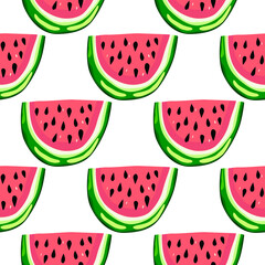 Hand drawn watermelon slices seamless pattern. Cute watermelons endless wallpaper. Funny fruit backdrop.