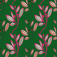 Romantic leaves and flower seamless pattern. Vintage style floral wallpaper. Cute plants endless backdrop