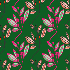 Romantic leaves and flower seamless pattern. Vintage style floral wallpaper. Cute plants endless backdrop