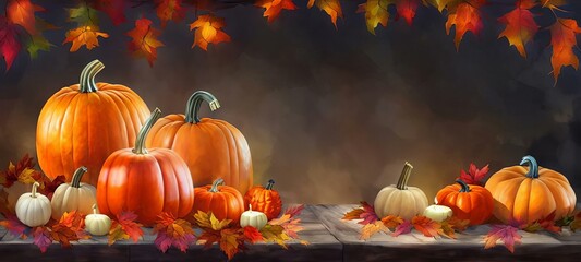 A Group Of Pumpkins Sitting On Top Of A Wooden Table, Bewildering Autumn Fall Thanksgiving Concept Abstract Background Wallpaper. Graphic.