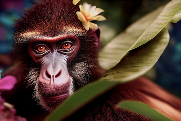 Nahaufnahmeporträt von Mandrill-Affen in tropischen Blumen und Blättern. Malerisches Porträt Tier der wild lebenden Tiere. Digitale Illustration © Viks_jin