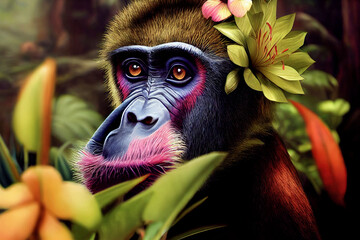 Nahaufnahmeporträt von Mandrill-Affen in tropischen Blumen und Blättern. Malerisches Porträt Tier der wild lebenden Tiere. Digitale Illustration © Viks_jin