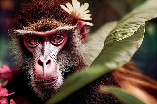 Close-up portrait of Mandrill monkeys in tropical flowers and leaves. Picturesque portrait Wildlife animal. Digital illustration 
