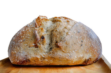 Close up Side view of baked brown sourdough with ear on the wooden plate, natural yeast, isolated, cutout, transparent, with clipping path