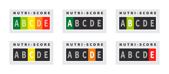 Nutri-score badges. Health care nutrition indicator. Nutri-score stickers. Vector illustration