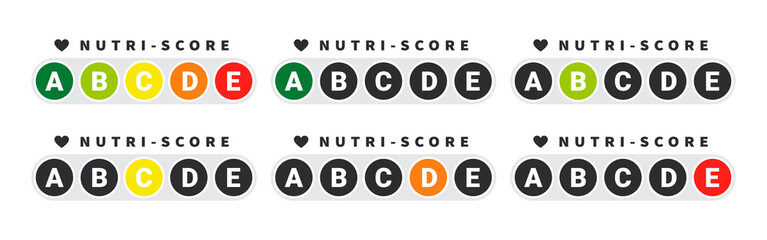 Food rating system signs. Health care nutrition indicator. Nutri-score stickers. Vector illustration