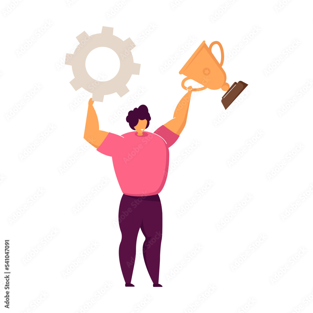 Poster child winning programming competition with electronic robot. flat vector illustration. young enginee