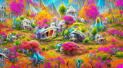 irreal alien landscape in bright colors, illustration, digital art