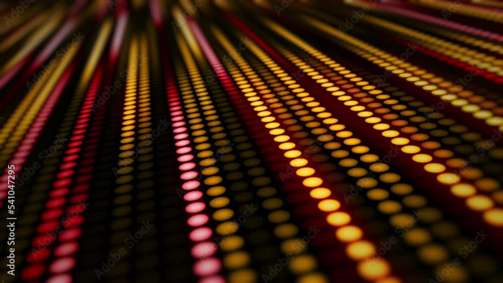 Poster amazing bright neon background of dots, circular lights lined up and changing their color and light 