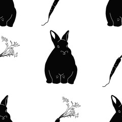 Black silhouette wildlife animals seamless patterns - deer, elk, rabbit, squirrel, moon, owl, wolf, bear. PNG transparent minimalistic 