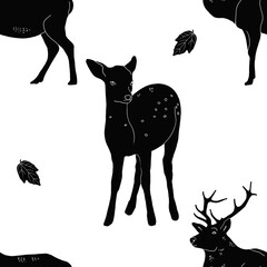 Black silhouette wildlife animals seamless patterns - deer, elk, rabbit, squirrel, moon, owl, wolf, bear. PNG transparent minimalistic 