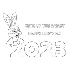 Colorless 2023 text with cartoon Rabbit. Black and white template page for coloring book with Bunny as symbol of 2023 Chinese New Year. Black contour silhouette Hare. Worksheet, Greeting card for kids