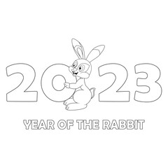 Colorless cartoon Rabbit holding number. Black and white template page for coloring book with Bunny as symbol of 2023 New Year. Black contour silhouette Hare. Worksheet or Greeting card for kids.