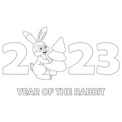 Colorless cartoon Rabbit carry Christmas Tree. Black and white template page for coloring book with Bunny as symbol of 2023 New Year. Black contour silhouette Hare. Worksheet or Greeting card for kids