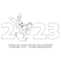 Fototapeta premium Colorless cartoon Rabbit carries a lot of boxes. Black and white template for coloring book with Bunny as symbol of 2023 New Year. Black contour silhouette Hare. Worksheet or Greeting card for kids.