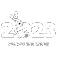 Colorless cartoon Rabbit sitting among numbers 2023. Black and white template for coloring book with Bunny as symbol of 2023 New Year. Black contour silhouette Hare. Worksheet, Greeting card for kids.