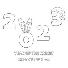 Colorless cartoon Rabbit ears and Santa claus hat on numbers 2023. Black and white template page for coloring book with Bunny as symbol of 2023 New Year. Worksheet or Greeting card for kids.