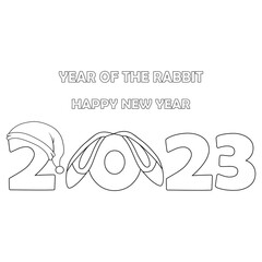 Colorless cartoon Rabbit ears and Santa hat on numbers 2023. Black and white template page for coloring book with Bunny as symbol of 2023 New Year. Christmas baner. Worksheet, Greeting card for kids.