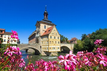 Ancient Altes Rathaus on the river on a sunny day
