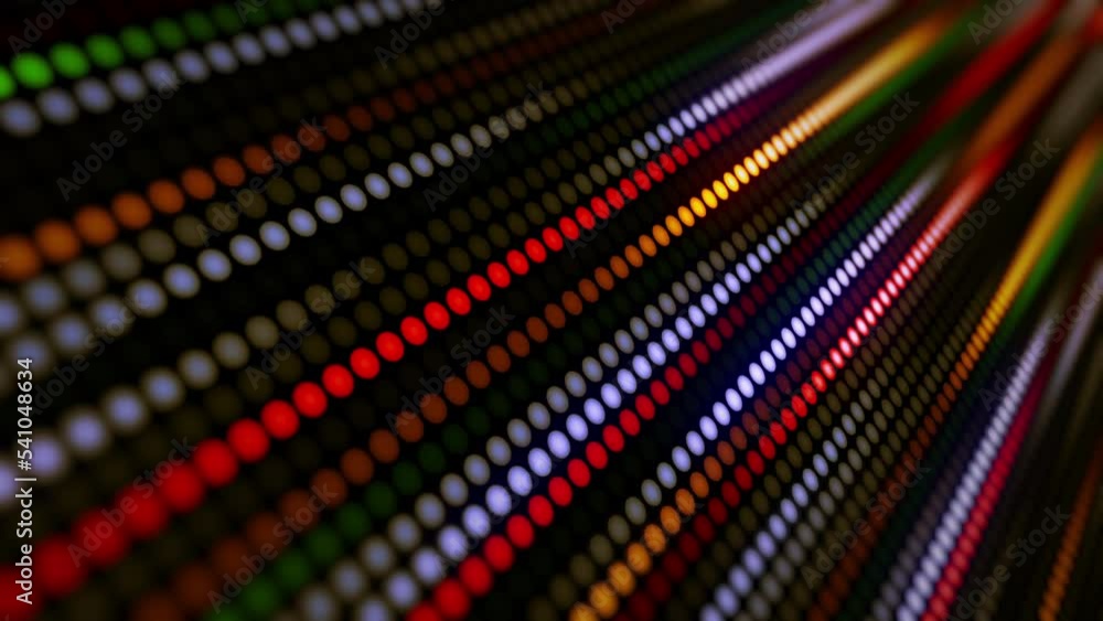 Poster amazing bright neon background of dots, circular lights lined up and changing their color and light 